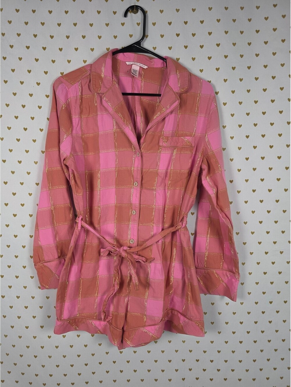 Victoria's Secret Pink Gold Plaid Comfy Romper S Metallic Lurex Pajamas
